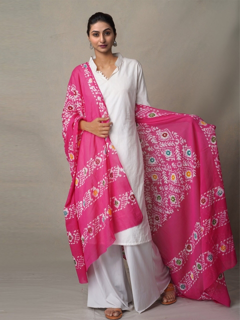 

Unnati Silks Pink & White Ethnic Motifs Printed Pure Cotton Batik Dupatta