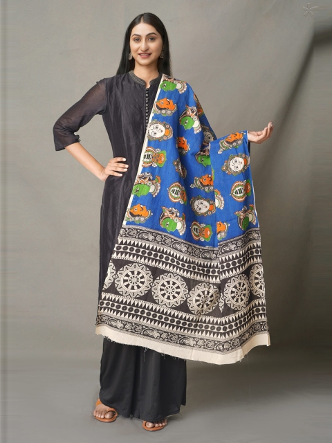 

Unnati Silks Blue & Orange Ethnic Motifs Printed Pure Cotton Kalamkari Dupatta