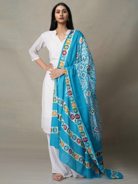 

Unnati Silks Blue & Mustard Ethnic Motifs Printed Pure Cotton Batik Dupatta