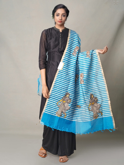 

Unnati Silks Blue & White Ethnic Motifs Printed Kalamkari Dupatta with Zari