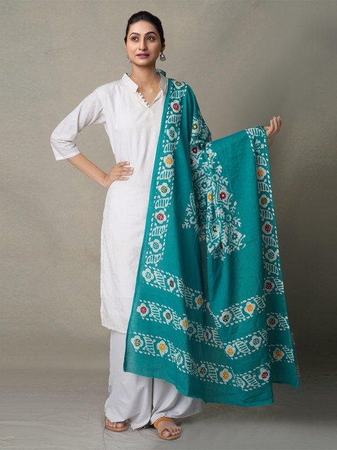 

Unnati Silks Teal & Off White Ethnic Motifs Printed Pure Cotton Batik Dupatta