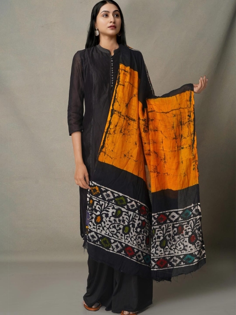 

Unnati Silks Orange & Black Ethnic Motifs Printed Pure Cotton Batik Dupatta