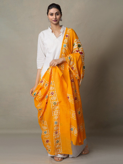 

Unnati Silks Yellow & White Ethnic Motifs Printed Pure Cotton Batik Dupatta