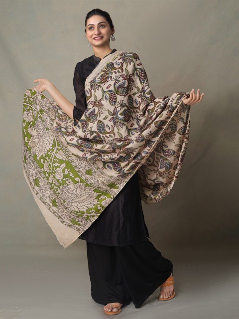 

Unnati Silks Nude-Coloured & Green Ethnic Motifs Printed Pure Cotton Kalamkari Dupatta