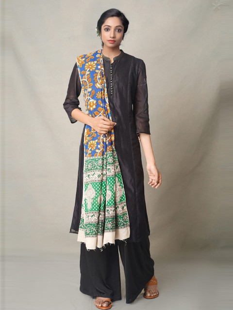 

Unnati Silks Blue & Green Ethnic Motifs Printed Pure Cotton Kalamkari Dupatta