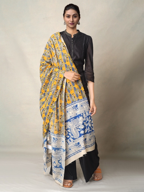 

Unnati Silks Yellow & Blue Ethnic Motifs Printed Pure Cotton Kalamkari Dupatta