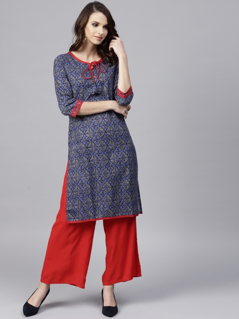 

Jaipur Kurti Women Blue Printed Straight Kurta