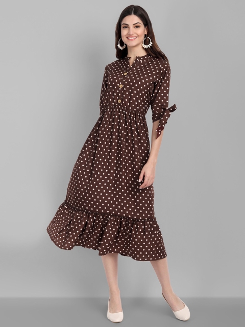 

SINGNI Brown & White Printed Polka Dots Crepe Midi Dress