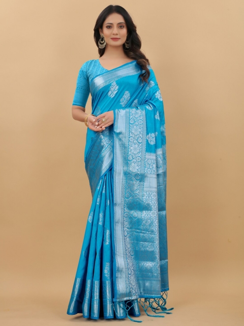 

PRASTHAN Blue & Silver-Toned Woven Design Silk Cotton Banarasi Saree