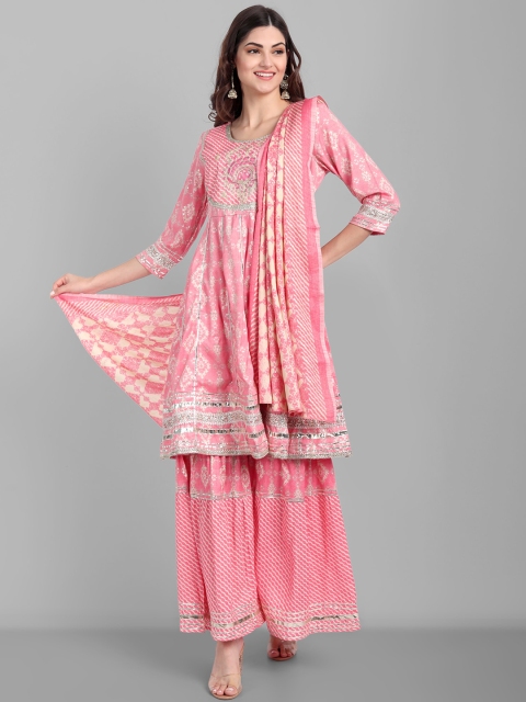 

SINGNI Women Pink Ethnic Motifs Printed Kurta with Sharara & With Dupatta