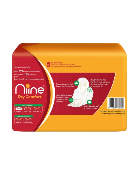 

Niine Dry Comfort Regular Sanitary Napkins- 18 Units, White