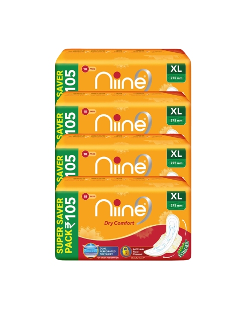 

Niine Set of 4 Dry Comfort Anti Leak Flow Channel XL 275 mm Sanitary Pads - 18 Pads Each, Orange