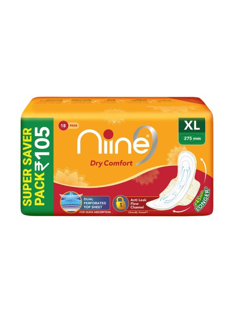 

Niine Dry Comfort Anti Leak Flow Channel XL 275mm Quick Absorption Sanitary Pads - 18 Pads, Orange