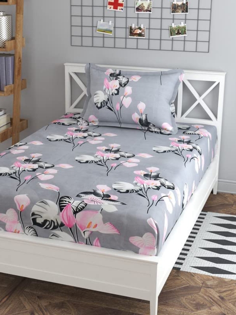 

MISS AYSE Unisex Grey 185 TC Cotton-Blend Single Size Bedsheets with 1 Pillow Cover