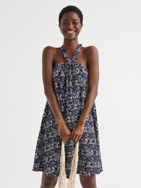 

H&M Blue & White Ethnic Motifs Halter Neck A-Line Dress