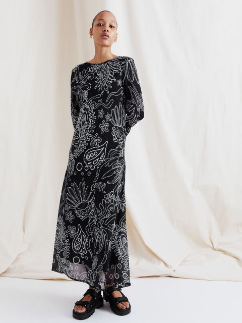

H&M Black & Green Ethnic Motifs Chiffon A-Line Maxi Dress
