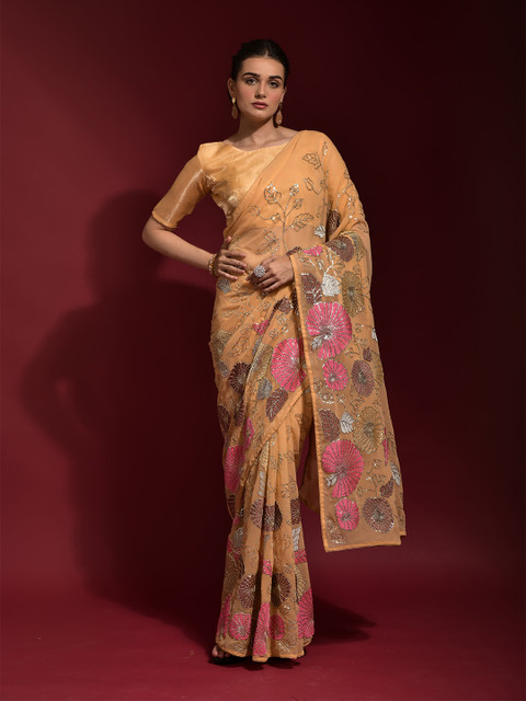

elora Yellow & Purple Floral Embroidered Bhagalpuri Saree