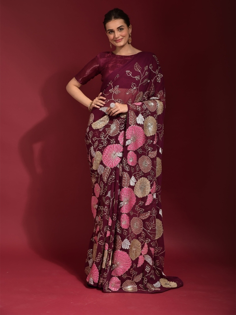 

elora Magenta & Pink Floral Embroidered Bhagalpuri Saree