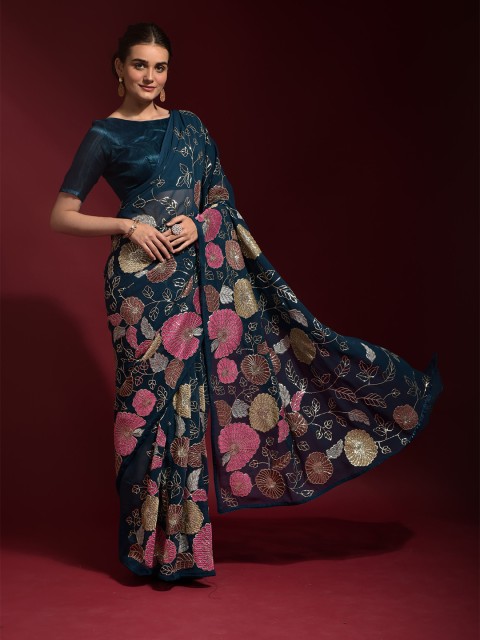 

elora Navy Blue & Pink Floral Embroidered Bhagalpuri Saree