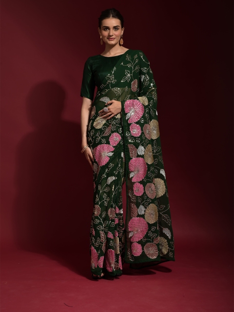

elora Green & Pink Floral Embroidered Bhagalpuri Saree
