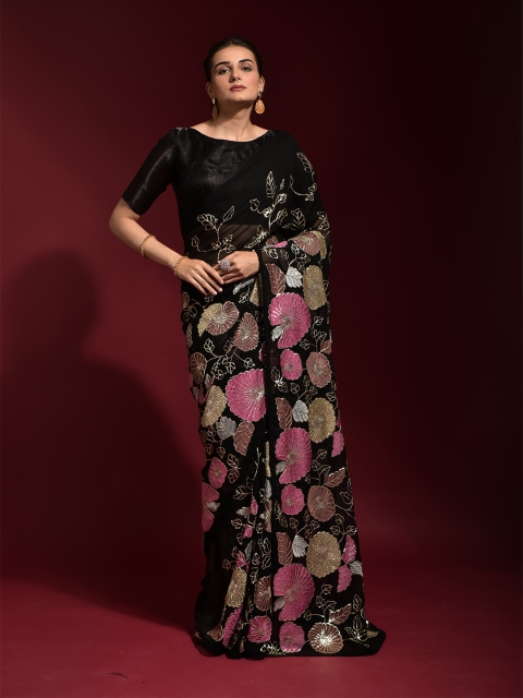 

elora Black & Pink Floral Embroidered Bhagalpuri Saree