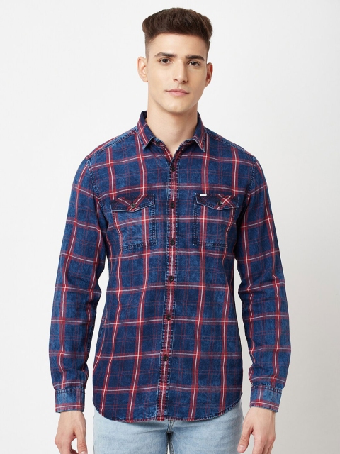 

Blue Buddha Men Blue Windowpane Checked Cotton Casual Shirt