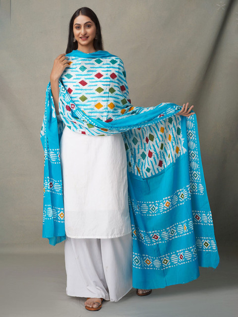 

Unnati Silks Blue & White Ethnic Motifs Printed Pure Cotton Batik Dupatta