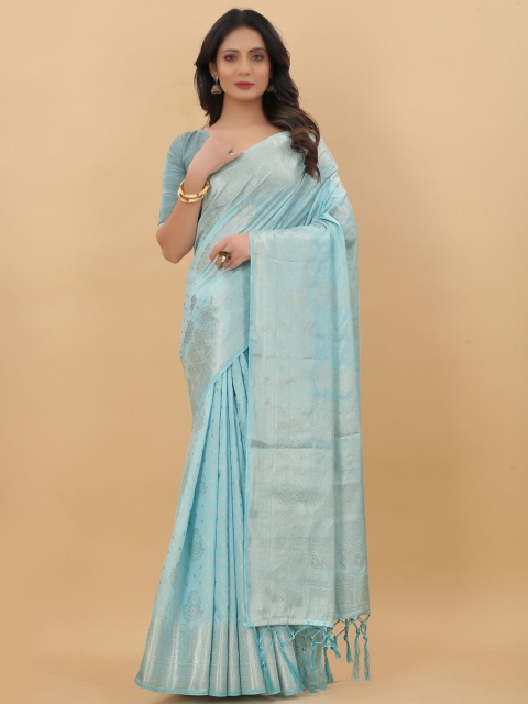 

WEAVETECH IMPEX Turquoise Blue & Silver-Toned Woven Design Silk Cotton Banarasi Saree