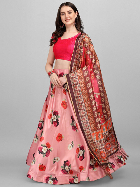 

Fashion Basket Pink & Brown Printed Semi-Stitched Lehenga & Unstitched Blouse With Dupatta