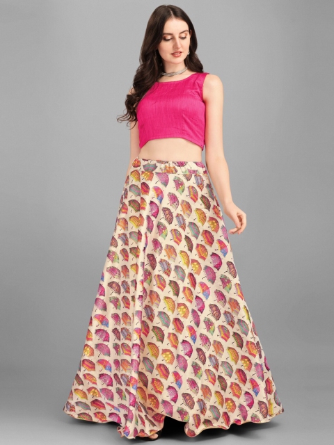 

Fashion Basket Pink & Yellow Printed Semi-Stitched Lehenga & Unstitched Blouse