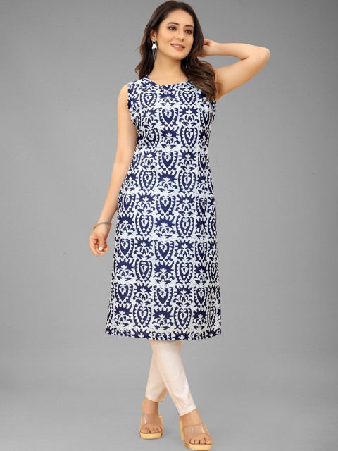 

RUHI FASHION Women Blue Geometric Printed Thread Work Kurta
