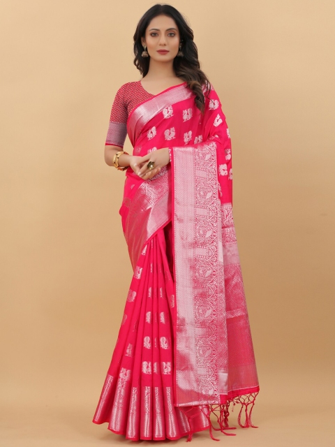 

WEAVETECH IMPEX Coral & Silver-Toned Woven Design Zari Pure Silk Banarasi Saree