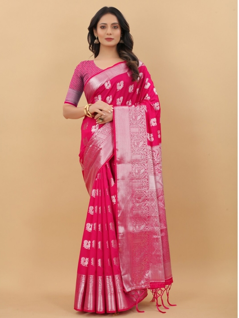 

WEAVETECH IMPEX Pink & Silver-Toned Ethnic Motifs Zari Pure Silk Banarasi Saree