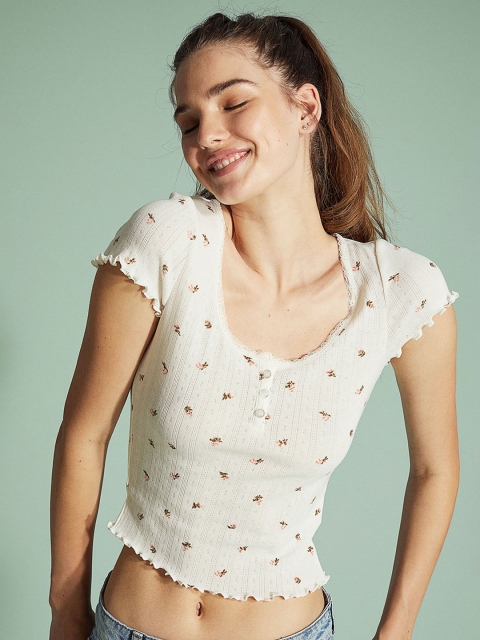 

H&M White Ribbed Button-Placket Crop T-Shirt