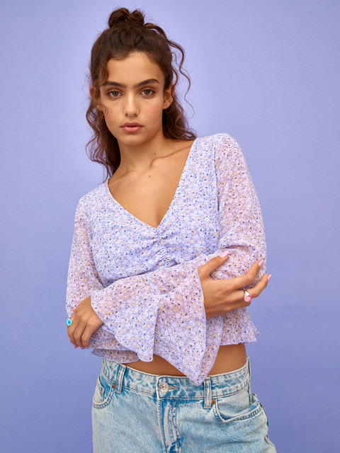 

H&M Purple Floral Print Cinched Waist Top