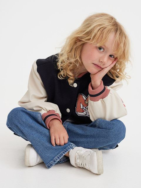

H&M Girls Black Cream-Coloured Varsity Jacket