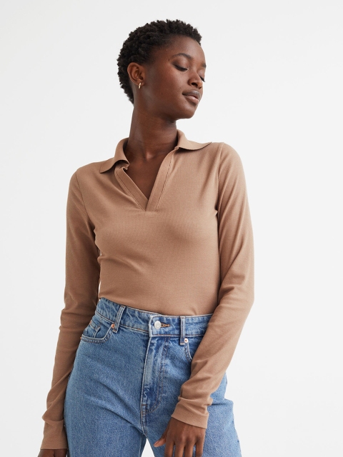 

H&M Beige Collared Modal-Blend Ribbed Top