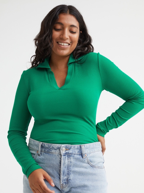 

H&M Women Green Collared Modal-Blend Ribbed Top