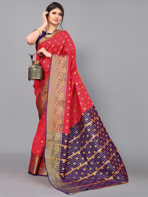 

Satrani Women Red & Blue Woven Design Zari Banarasi Saree