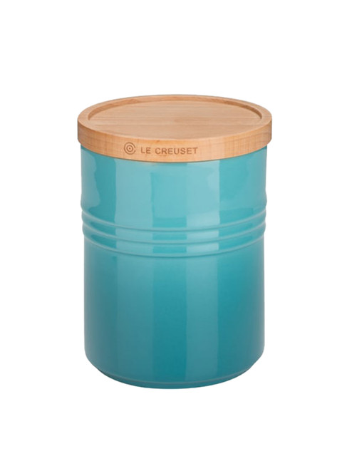 

LE CREUSET Turquoise Blue & Brown Glossy Storage Container with Wooden Lid