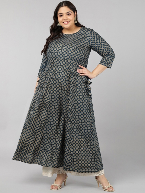 

kipek Women Teal Ethnic Motifs Printed Flared Sleeves Anarkali Kurta