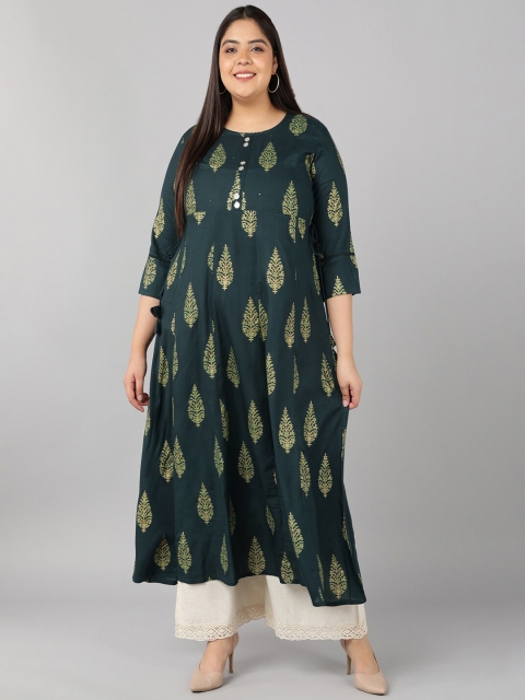 

kipek Women Green Ethnic Motifs Printed Keyhole Neck Gotta Patti Kurta