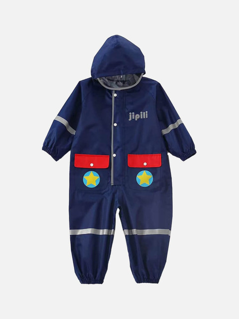 

Little Surprise Box LLP Kids Blue Printed Hooded Jumpsuit Rain Jacket