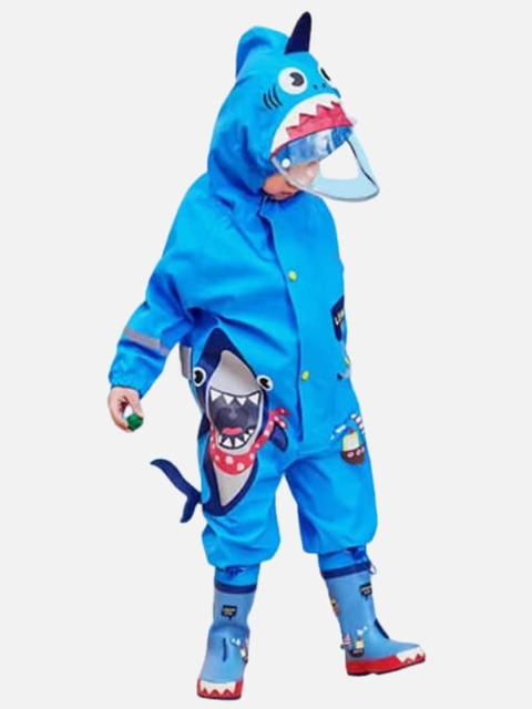 

Little Surprise Box LLP Kids Blue Shark Printed Hooded Playsuit Raincoat