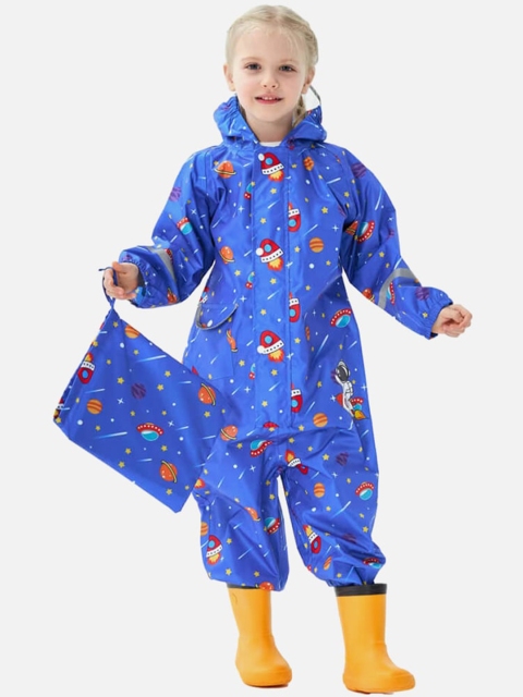 

Little Surprise Box LLP Kids Blue Space Print Hooded Playsuit Raincoat