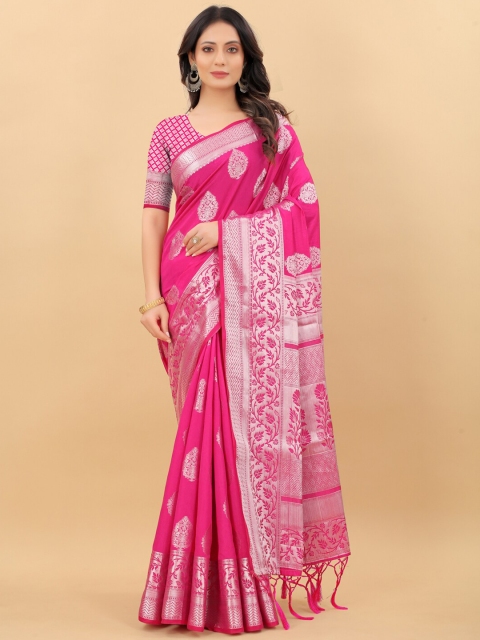 

WEAVETECH IMPEX Pink & Silver-Toned Woven Design Zari Silk Cotton Banarasi Saree