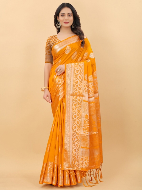 

WEAVETECH IMPEX Gold-Toned & Orange Floral Zari Silk Cotton Banarasi Saree