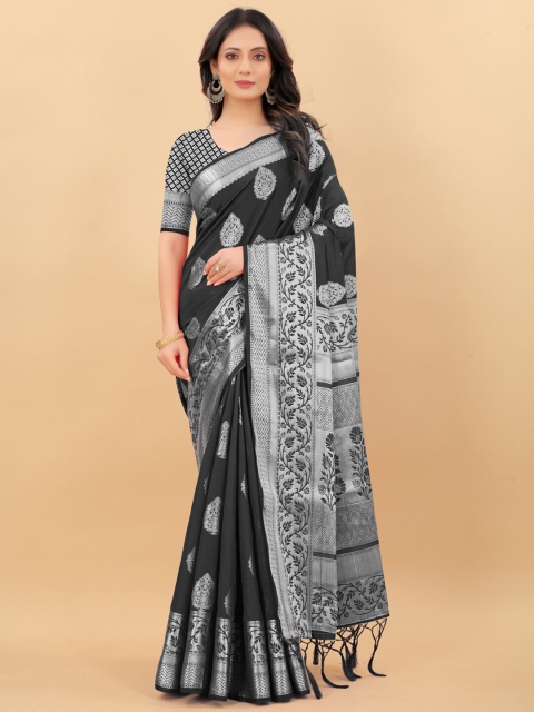 

WEAVETECH IMPEX Black & Silver-Toned Floral Silk Cotton Banarasi Saree
