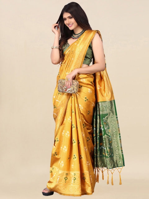 

Satrani Mustard & Green Floral Zari Banarasi Saree