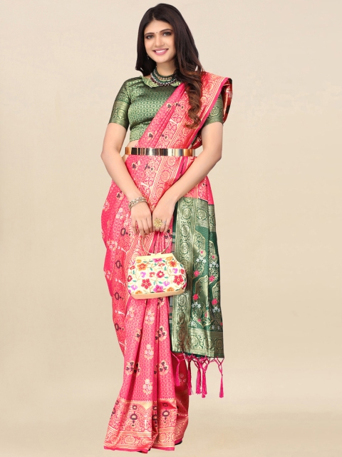 

Satrani Pink & Green Ethnic Motifs Zari Banarasi Saree